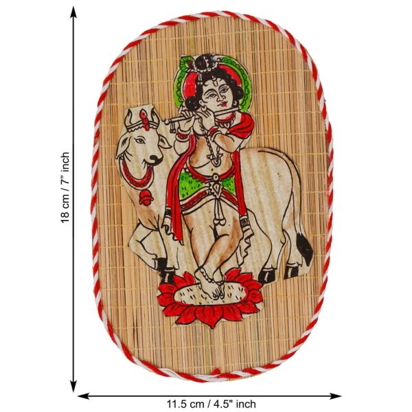 Oval Shaped Design Bamboo Hand Crafted Wall Hangings Of Bal Gopal With Holy Cow For Home Decor | Bamboo Art For Wall Decor - Image 2